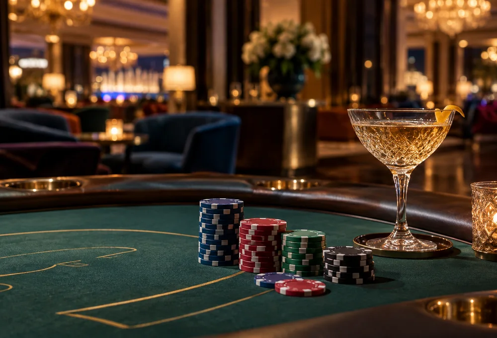 Casino table with chips in an elegant hotel lounge